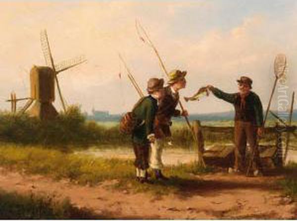 Voor Plazier Uit Visschen; Met De Zilvere Hengel Oil Painting by Lourentius Plas