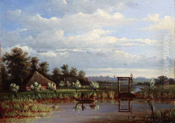 Jonge Vissers Aan De Slootkant Oil Painting by Pieter Plas