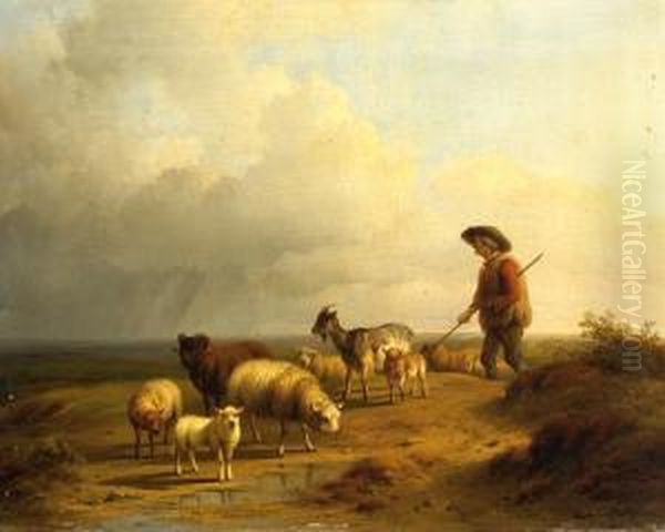 A Shepherd With His Flock Oil Painting by Pieter Plas