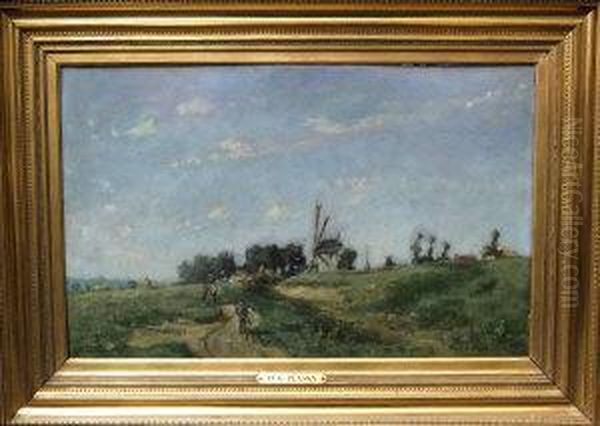 Country Landscape With Windmill And Figures Strolling Along A Path Oil Painting by Eugene Plasky