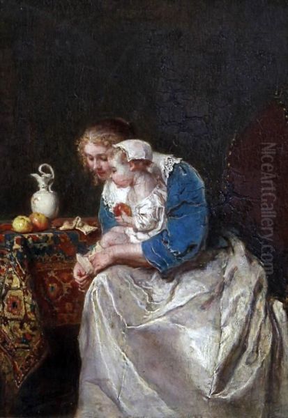 Mother And Child Seated By A Table Oil Painting by Antoine Emile Plassan