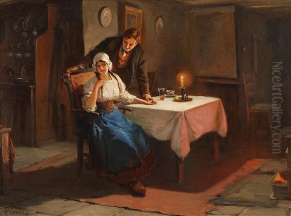 A Couple In A Candlelit Interior Oil Painting by Anna Plate