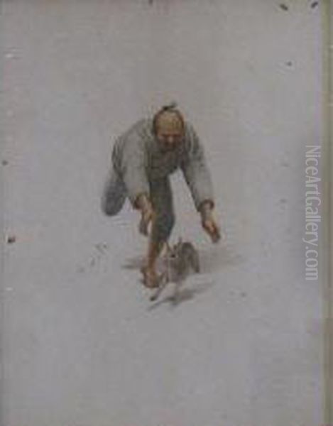 One Of A Man Chasing A Hare The Other A Man Carrying Two Flat-fish And A Bottle On A Pole Over His Shoulder Oil Painting by Anna Plate