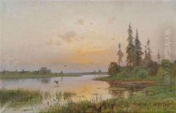 Extensivelandscape At A Lake At Sunset. Oil Painting by Semyon Platonov