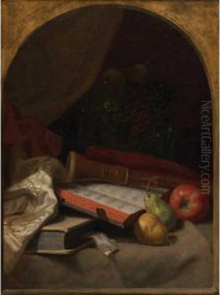 Still Life With Fruit, Book And Recorder Oil Painting by George Platt