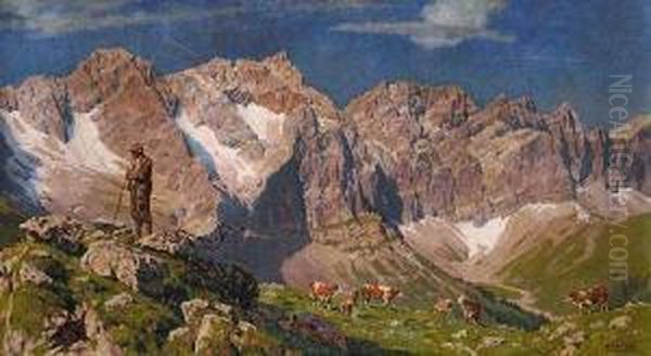 Hirte Mit Kuhen Auf Einer Almwiese Im Karwendelgebirge Oil Painting by Ernst Heinrich Platz