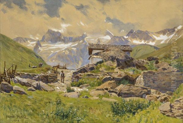 Die Seeberalm Im Passeiertal. Oil Painting by Ernst Heinrich Platz