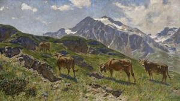 Rinder Im Hochgebirge. Oil Painting by Ernst Heinrich Platz