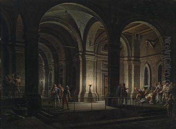 Fantastic Prison Architecture With Figures In 17th-century Costumes Oil Painting by Josef Platzer