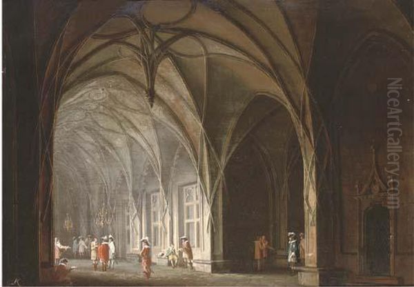 Cavaliers Conversing In A Gothic Atrium; And A Prisoner In A Dungeon Oil Painting by Josef Platzer