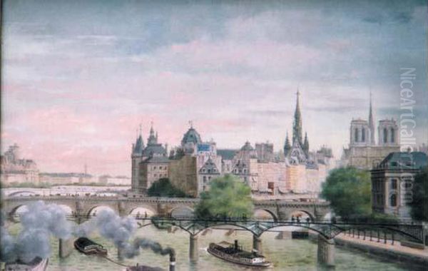 Ile De La Cite (1888) Oil Painting by Walery Plauszewski