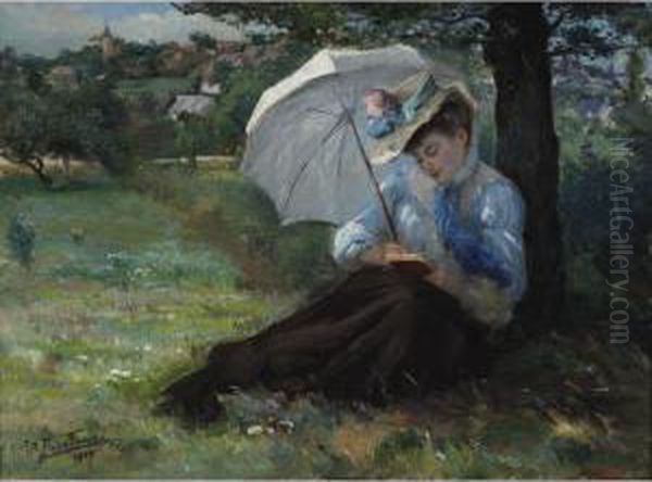 Woman With A Parasol Reading In A Sunny Field Oil Painting by Marcial Plaza-Ferrand