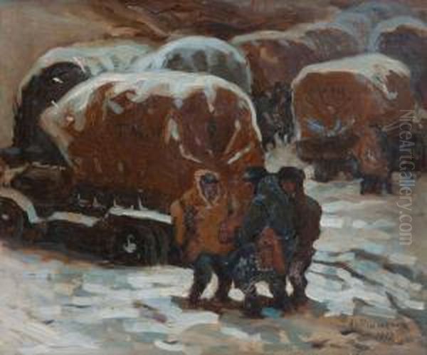 Camions Sous La Neige Oil Painting by Alfred Plauzeau