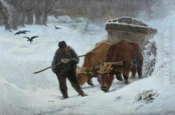 Ox Cart In Snow Oil Painting by Alfred Plauzeau