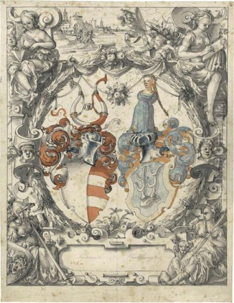 The Gebhart And Rechburger Arms With Four Allegorical Figures Andhoratius Cocles Above Oil Painting by Hans Jakob Plepp