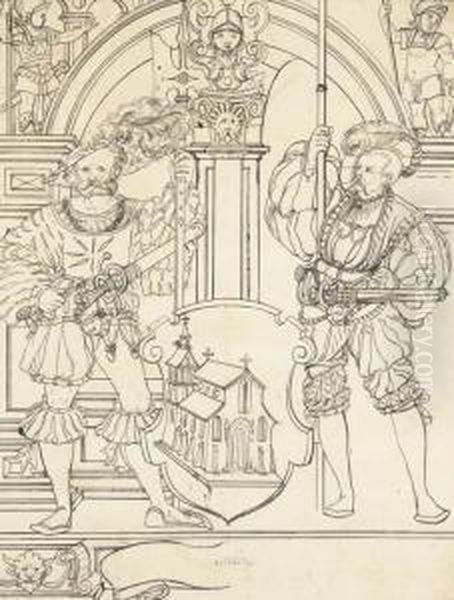 Two Landsknechts Flanking A Shield With A Church, Under An Arch:design For A Stained-glass Window Oil Painting by Hans Jakob Plepp