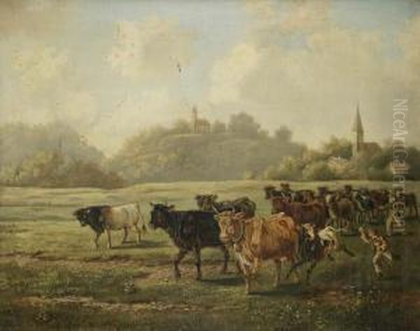 Kuherde Und Hirten In Weiter Dorflandschaft Oil Painting by Oskar Pletsch