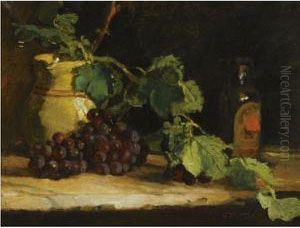 A Still Life With Grapes, A Jug And A Bottle On A Ledge Oil Painting by George, Jurgen Pletser