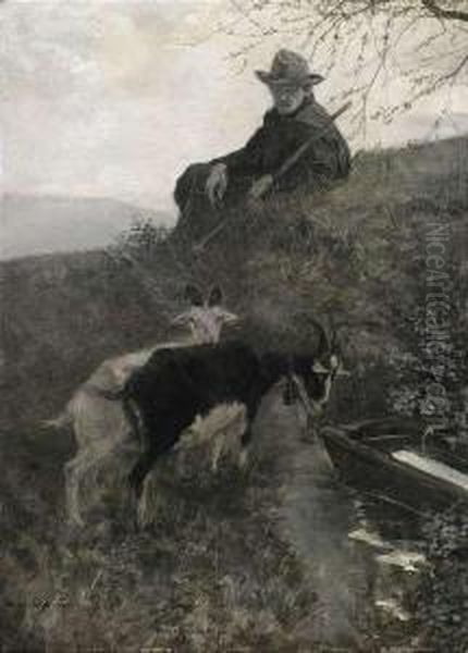 A Goatherd At A Drinking-trough Oil Painting by Hermann Pleuer