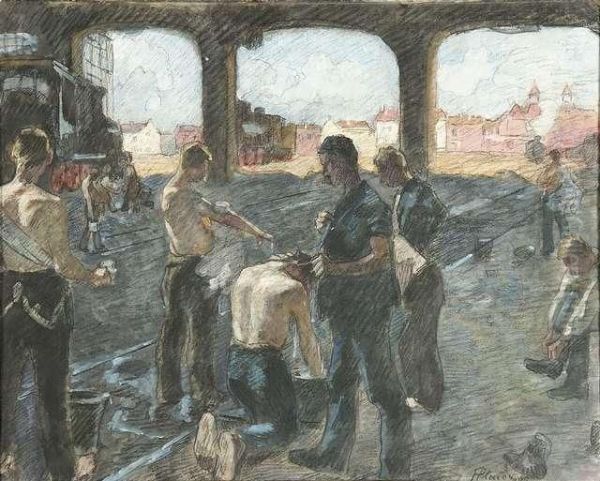 Closing Time Atthe Locomotive Maintenance. Oil Painting by Hermann Pleuer