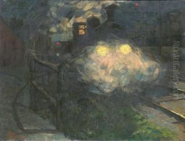 A Locomotive At Night Oil Painting by Hermann Pleuer