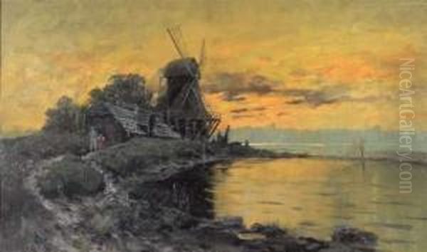 Moulin Pres De Dordrecht Oil Painting by Hermann Christian Plock