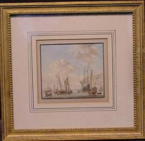 Shipping In Harbor, After Willem Van De Velde Oil Painting by Michel Plonski