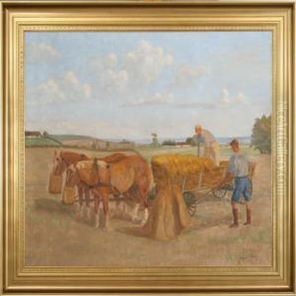 Harvest Scenery. Signed Jorgen Ploug 1937 Oil Painting by Jorgen Ploug