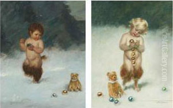 A Faun And A Teddy Bear; And A Faun At Play Oil Painting by Carl Pluckebaum