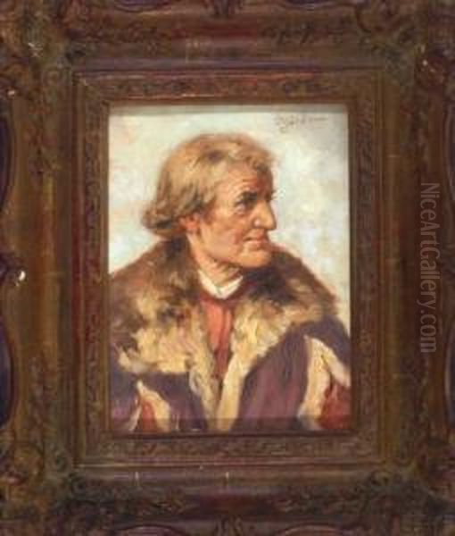 Bruststuck Eines Herrn In Pelzjacke In Dreiviertelansicht Nach Rechts Oil Painting by Karl Pluckebaum