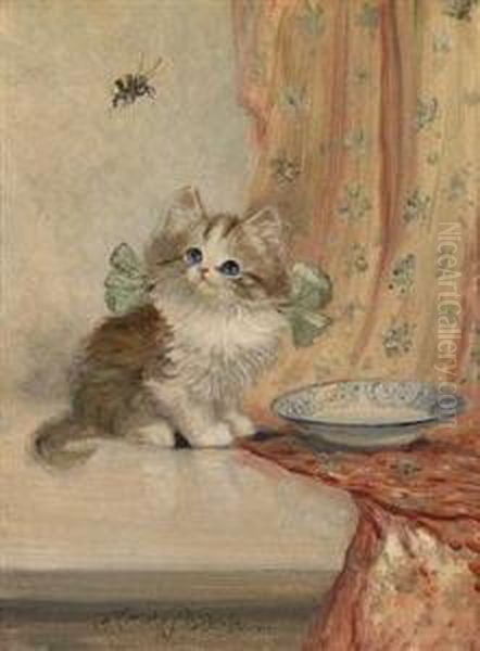 The Kitten And The Bumblebee Oil Painting by Meta Pluckebaum