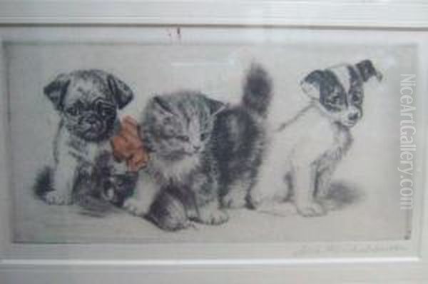 Puppies And Kitten Oil Painting by Meta Pluckebaum