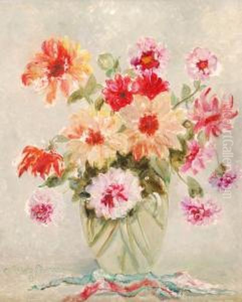 Stilllife Of Dahlias In A Glass Vase Oil Painting by Meta Pluckebaum