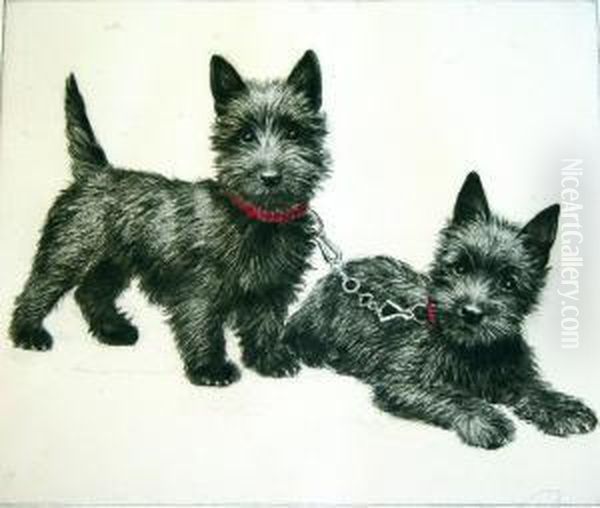 Two Scottish Terriers; Child With A Terrier Oil Painting by Meta Pluckebaum