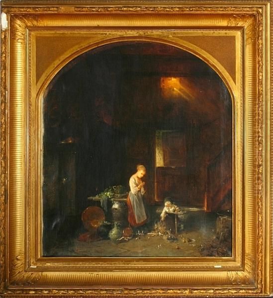 An Kitchen Interior With A Mother And Her Child Oil Painting by Poul August Plum