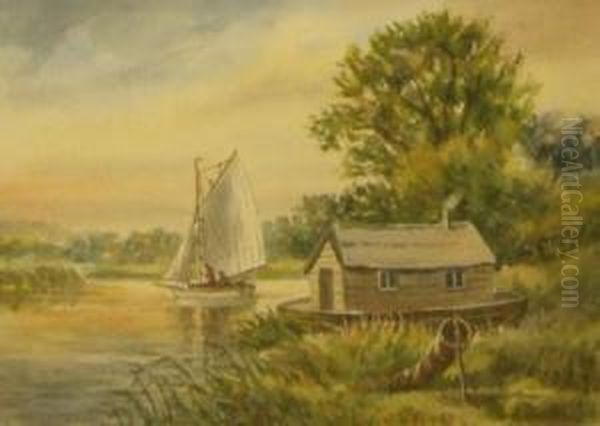 Broads Scene With Eel Catcher's Hut Oil Painting by William E. Plumstead