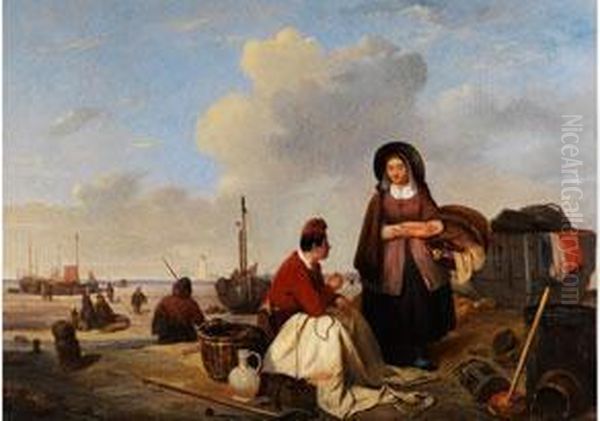 Genreszene Am Fischerstrand Oil Painting by Felix Louis Pluynes