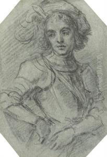 Portrait Of A Young Man, Half-length, Wearing A Plumed Hat And Armour Oil Painting by Bernardino Barbatelli Poccetti