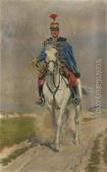 A Hussar On A White Horse Oil Painting by Alexander Pock