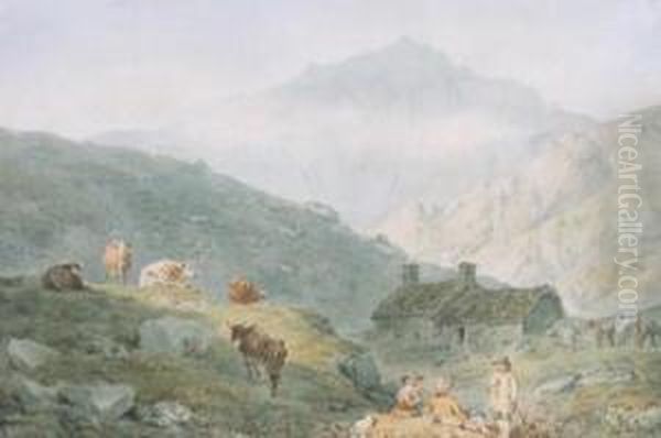 Figures By A River In A Mountain Landscape; Figures And Cattle By A Mountain Cottage Oil Painting by Nicholas Pocock