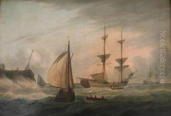 Frigates And Smaller Vessels In Coastal Waters Oil Painting by Nicholas Pocock