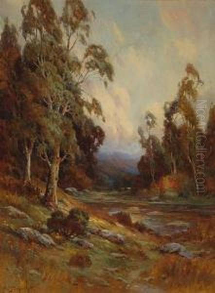 Stream Through A Lush Autumnal Valley Oil Painting by Alexis Matthew Podchernikoff