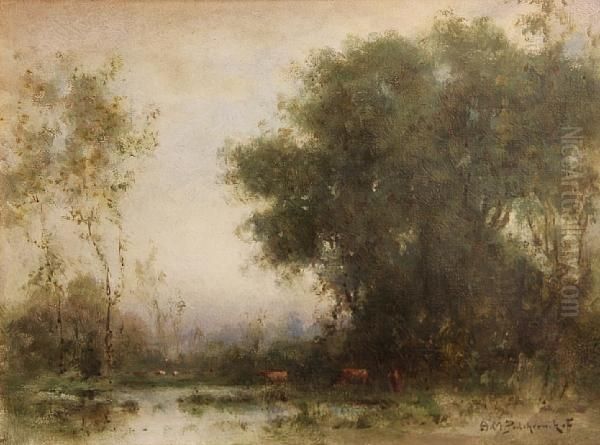 Cattle Watering Under Trees Oil Painting by Alexis Matthew Podchernikoff