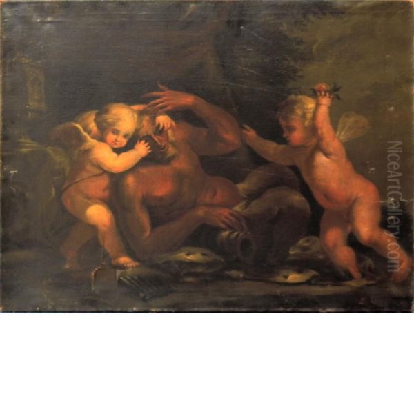 Two Amorini Playing With A Satyr Oil Painting by Giovanni Andrea Podesta