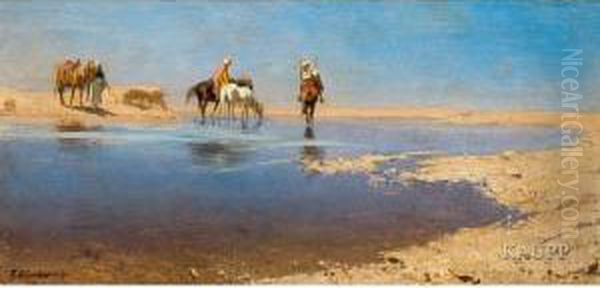 In Weiter Wustenlandschaft Durch Ein Seichtes Gewasserreitende Araber Oil Painting by Robert Poetzelberger