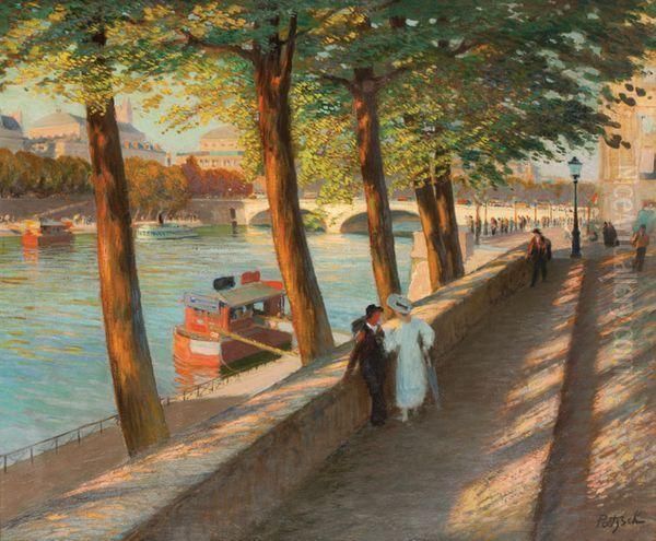 Quai De Seine Animee Oil Painting by Gustave Poetzsch