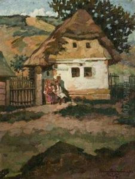 In Front Of The Cottage Oil Painting by Ferencz Pogany