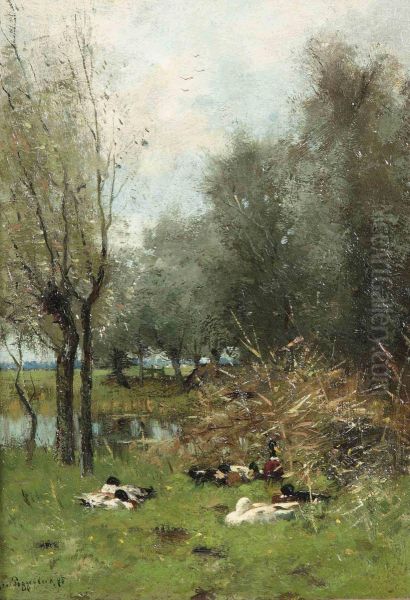 Ducks Resting Amongst The Trees Oil Painting by Geo Poggenbeek