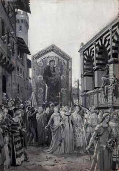 La Madonna Di Cimabue Accompagnata In Processione A Santa Maria Novella Oil Painting by Ludovico Pogliaghi