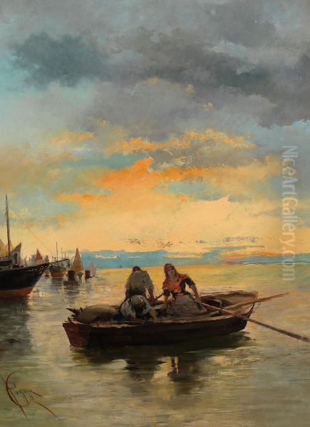 Porto Al Tramonto Con Barche Pescherecce In Primo Piano Oil Painting by Giuseppe Pogna